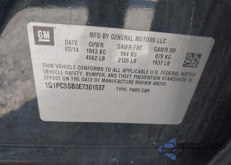 2014 Chevrolet Cruze 1Lt Auto из США, поврежденный, VIN 1G1PC5SB0E7301537